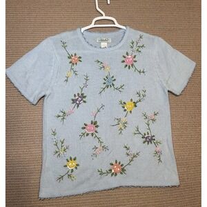 vintage Haband Size S Light Blue 1990s floral embroidered short sleeve sweater